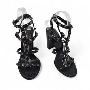 Valentino Garavani Rockstud Cage Block Heel Sandal Black Jewel Size 37.5 US 7.5